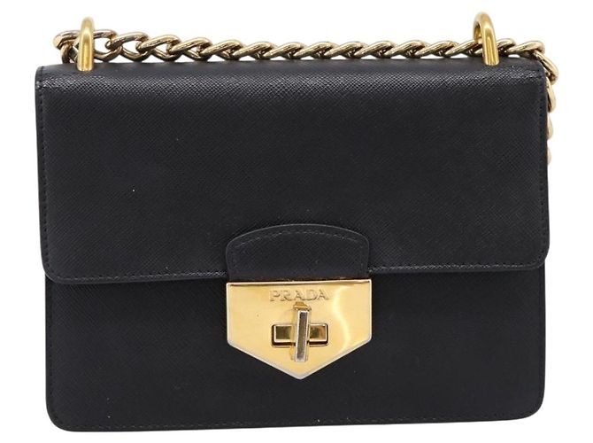 PRADA Chain Shoulder Bag Safiano Leather Black Gold - vista 13