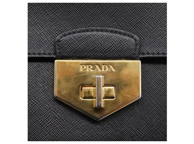 PRADA Chain Shoulder Bag Safiano Leather Black Gold - vista 19