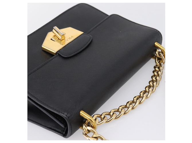 PRADA Chain Shoulder Bag Safiano Leather Black Gold - vista 6