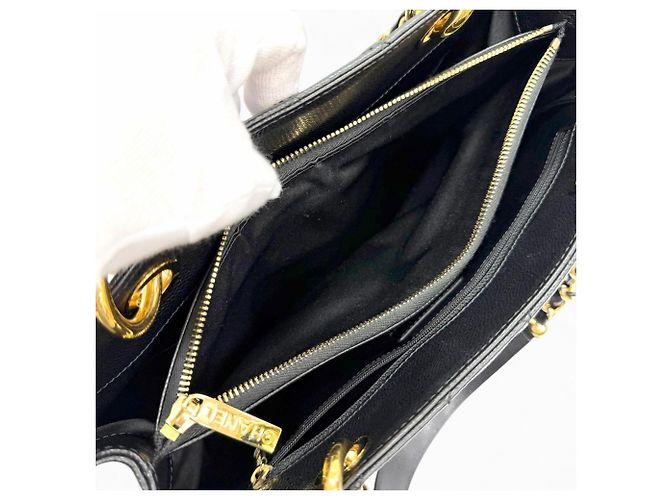 Borsa Tote Chanel in pelle di vitello granulata nera - vista 7