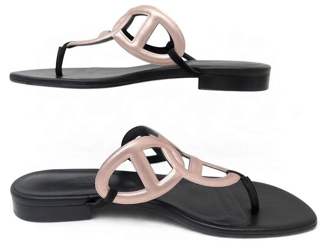 Hermès NUOVI SANDALI HERMES BEACH H202183Z 40 PELLE NERA E ORO ROSA - vista 2