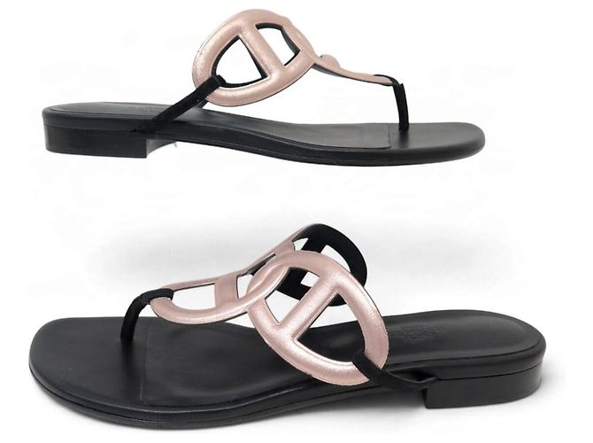 Hermès NUOVI SANDALI HERMES BEACH H202183Z 40 PELLE NERA E ORO ROSA - vista 3