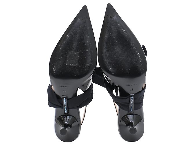 Décolleté Slingback Prada in pelle nera con dettagli a fiocco in vernice - vista 6