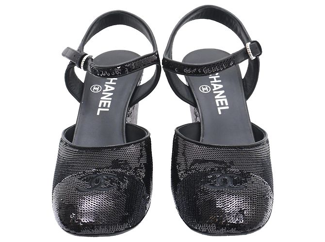 Décolleté wedge Chanel con paillettes nere in pelle nera - vista 2