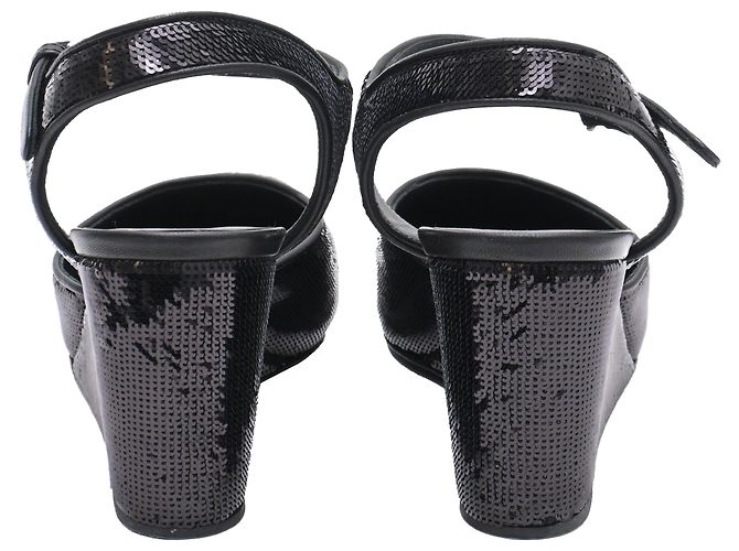 Décolleté wedge Chanel con paillettes nere in pelle nera - vista 3