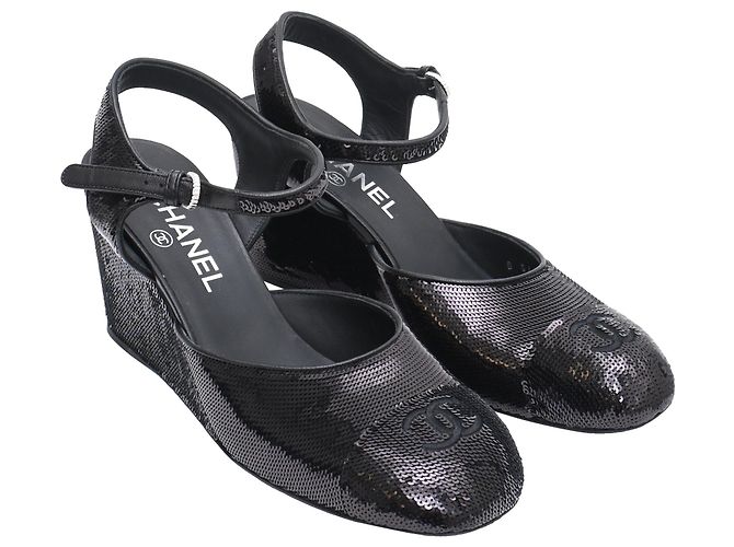 Décolleté wedge Chanel con paillettes nere in pelle nera - vista 4