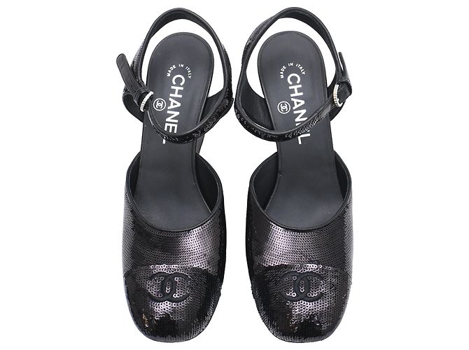 Décolleté wedge Chanel con paillettes nere in pelle nera - vista 5