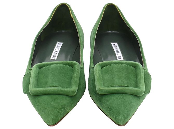 Manolo Blahnik Maysale Point-Toe Flats in Green Suede - vista 3