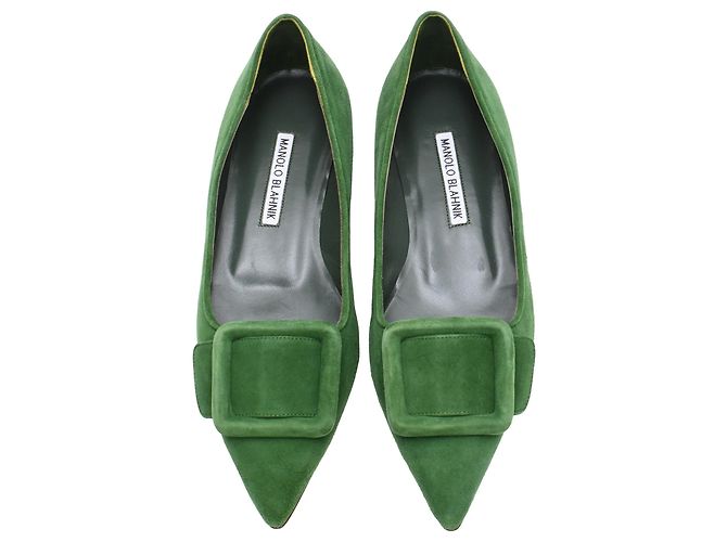 Manolo Blahnik Maysale Point-Toe Flats in Green Suede - vista 5
