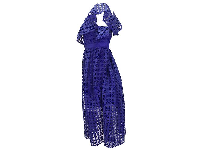 Self Portrait One-Shoulder Midi-Kleid mit Rüschen aus blauem Polyester-Spitzenstoff - Ansicht 2