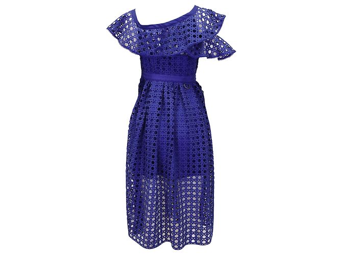 Self Portrait One-Shoulder Midi-Kleid mit Rüschen aus blauem Polyester-Spitzenstoff - Ansicht 3