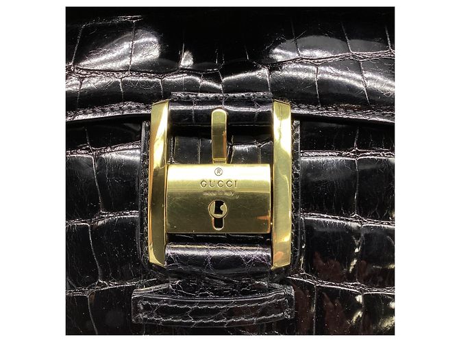 Borsa Gucci con manico superiore e doppia patta in pelle di coccodrillo nera - vista 15