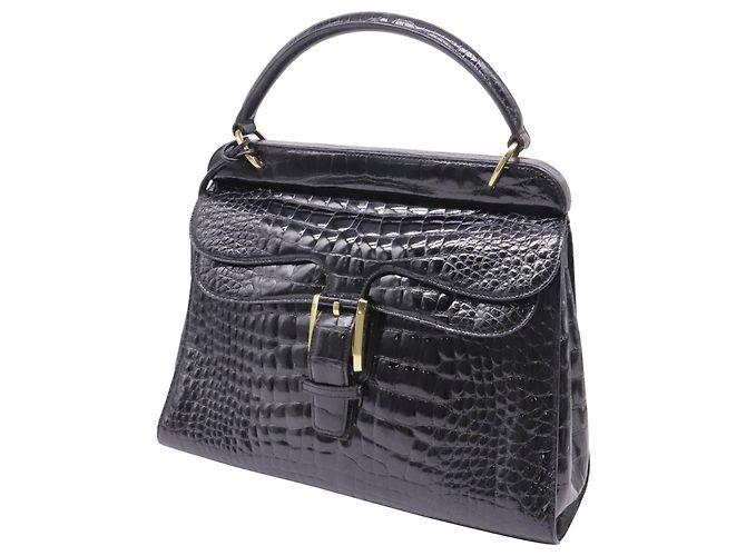 Borsa Gucci con manico superiore e doppia patta in pelle di coccodrillo nera - vista 2