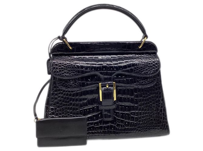Borsa Gucci con manico superiore e doppia patta in pelle di coccodrillo nera - vista 6