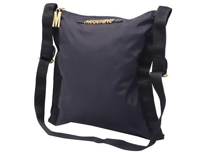 Borsa a tracolla con placca logo Moschino in poliestere nero - vista 2