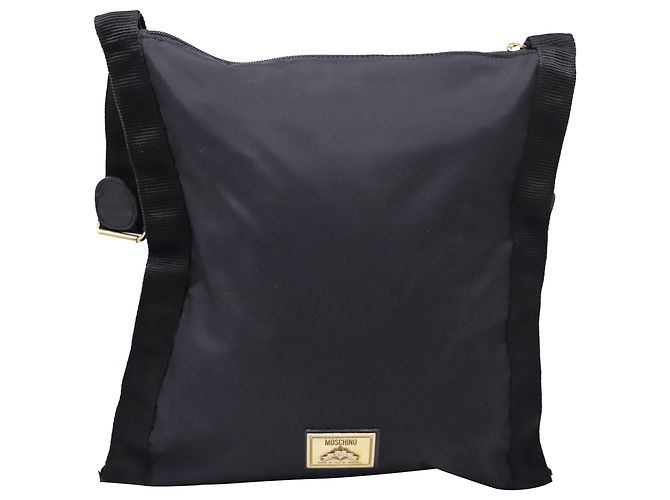 Borsa a tracolla con placca logo Moschino in poliestere nero - vista 4