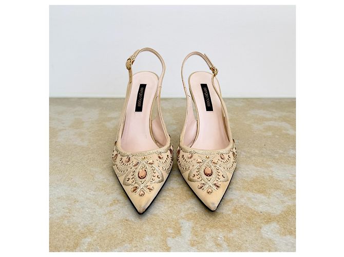 Sergio Rossi Décolleté Slingback in Raso Beige con Cristalli - vista 4