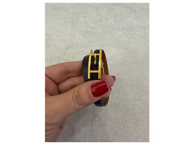 Hermès Bracciale Small Double Tour Pelle Nero Oro - vista 2
