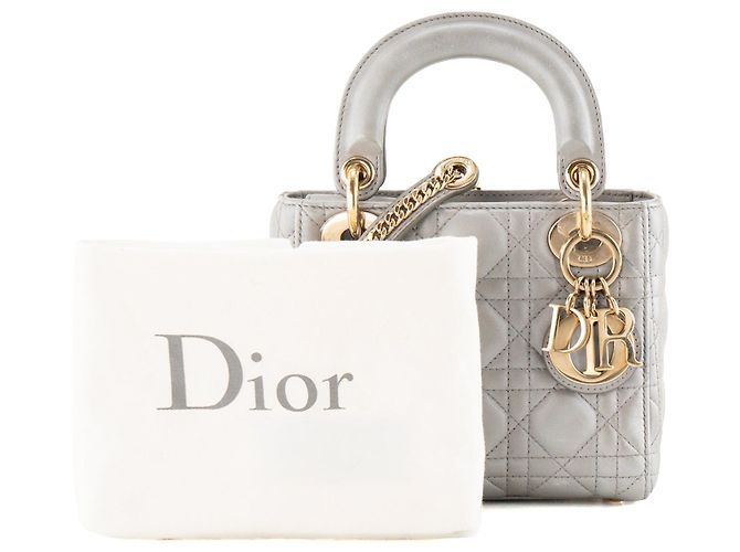 DIOR - Borsa a tracolla Lady Dior mini in pelle cannage metallizzata grigia - vista 9