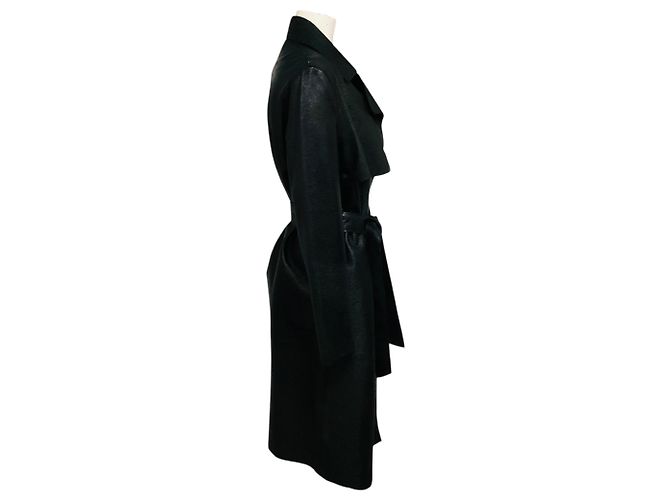 Autre Marque Fleurette Metallic Black Leder-Mantel in mittlerer Länge mit Gürtel - Ansicht 2