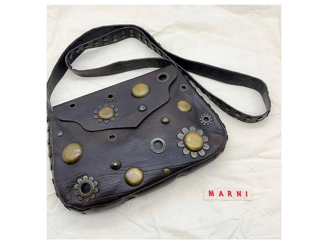Borsa a tracolla Marni in pelle marrone con occhielli - vista 8