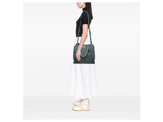 Borsa Tote Prada in Denim Blu Aperta Convertibile - vista 6
