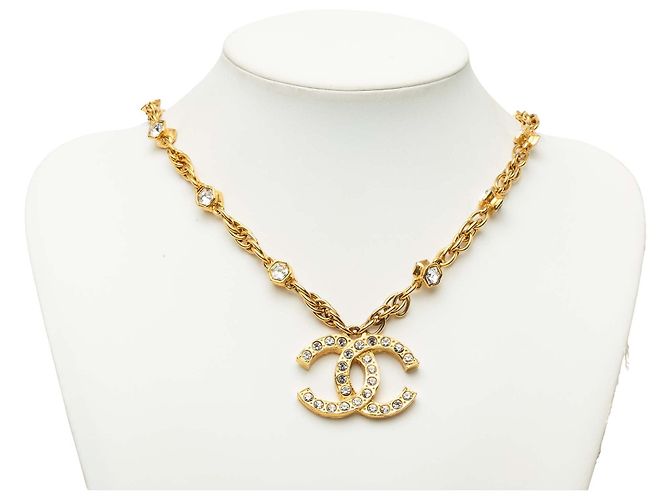 Collana con pendente Chanel CC placcata oro e strass - vista 7
