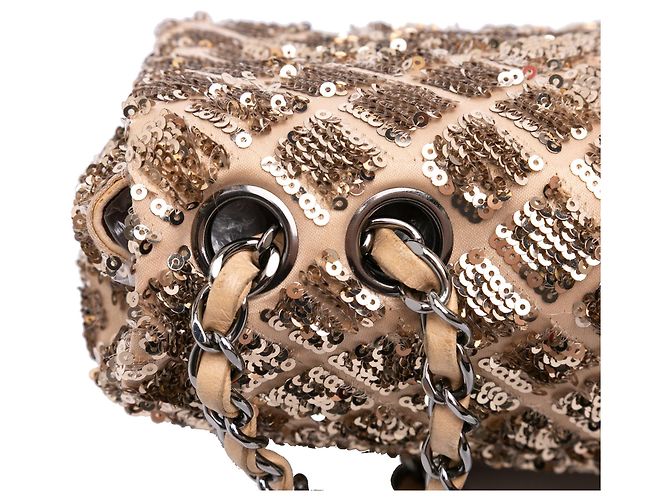 Borsa a tracolla Chanel CC in raso beige trapuntata con paillettes - vista 10