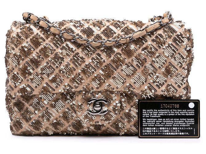 Borsa a tracolla Chanel CC in raso beige trapuntata con paillettes - vista 12