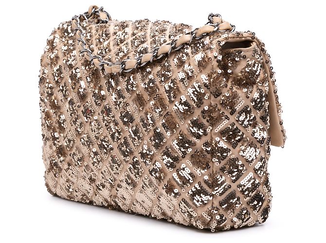 Borsa a tracolla Chanel CC in raso beige trapuntata con paillettes - vista 2