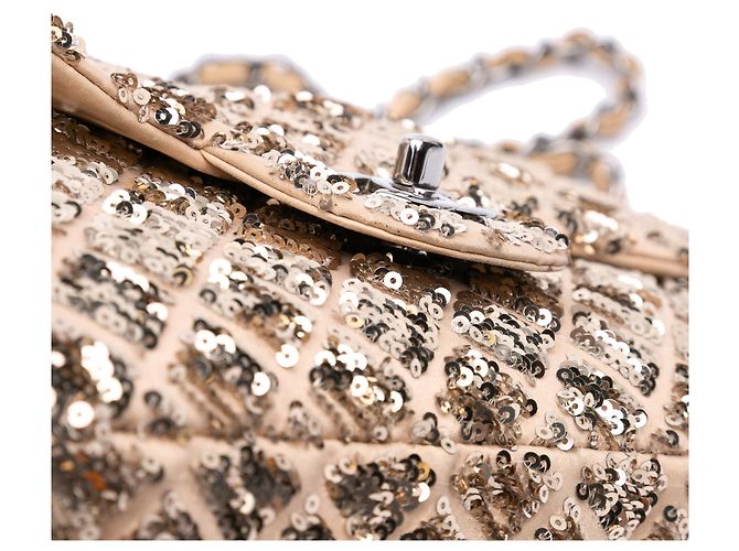 Borsa a tracolla Chanel CC in raso beige trapuntata con paillettes - vista 8