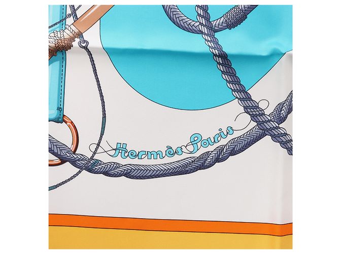 Hermès Carré 90 "Clic Clac" Foulard in Seta Blu x Giallo - vista 11