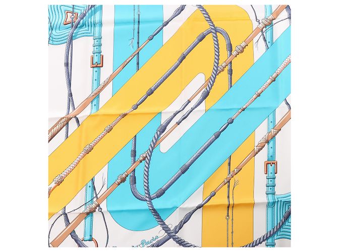 Hermès Carré 90 "Clic Clac" Foulard in Seta Blu x Giallo - vista 12