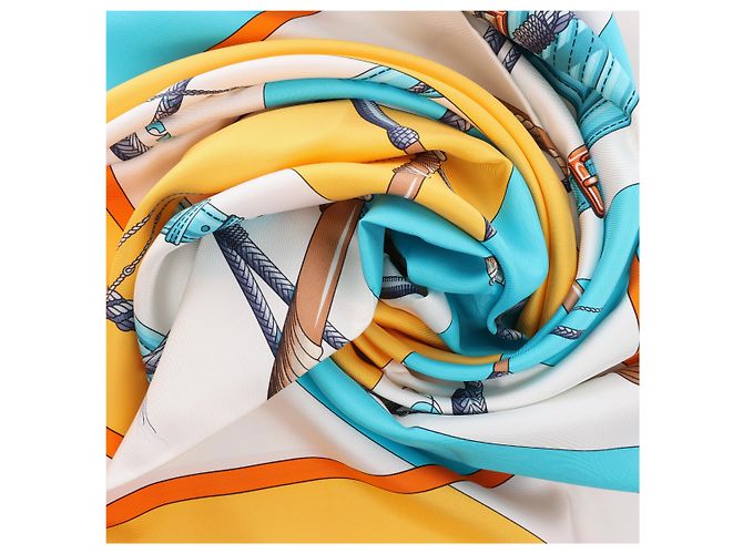 Hermès Carré 90 "Clic Clac" Foulard in Seta Blu x Giallo - vista 16