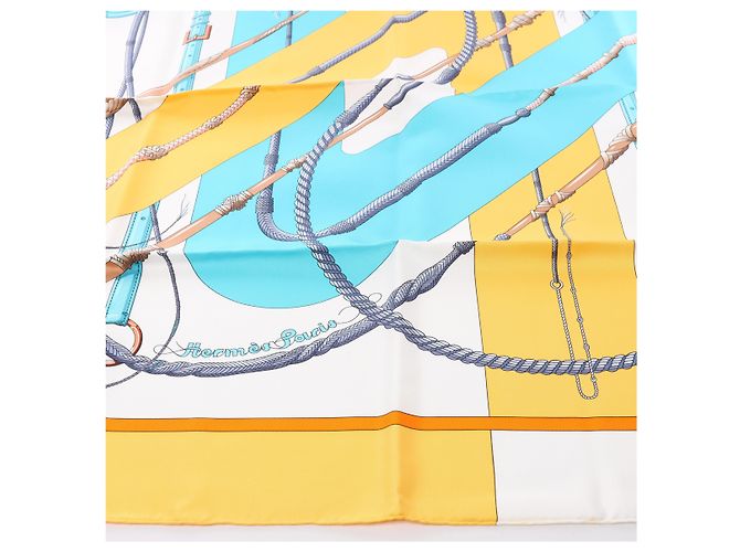 Hermès Carré 90 "Clic Clac" Foulard in Seta Blu x Giallo - vista 5