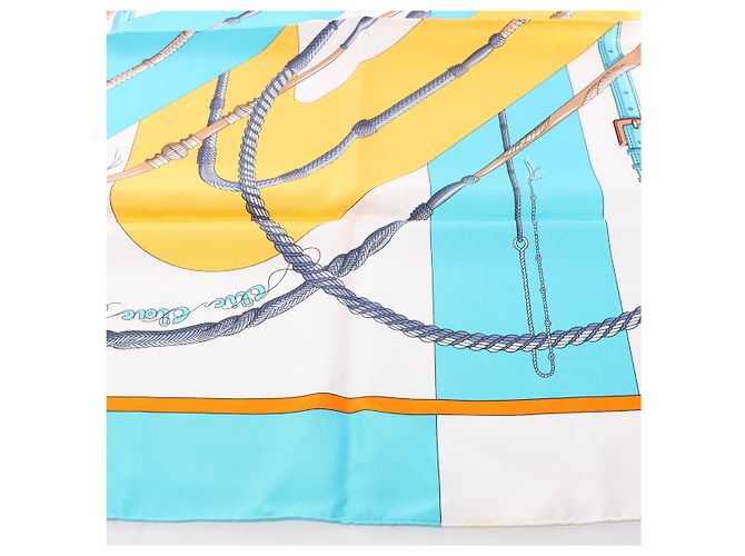 Hermès Carré 90 "Clic Clac" Foulard in Seta Blu x Giallo - vista 7