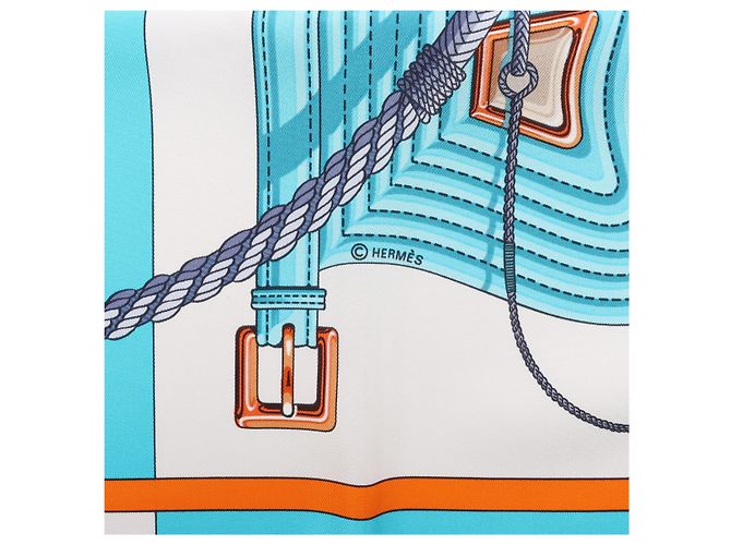 Hermès Carré 90 "Clic Clac" Foulard in Seta Blu x Giallo - vista 8
