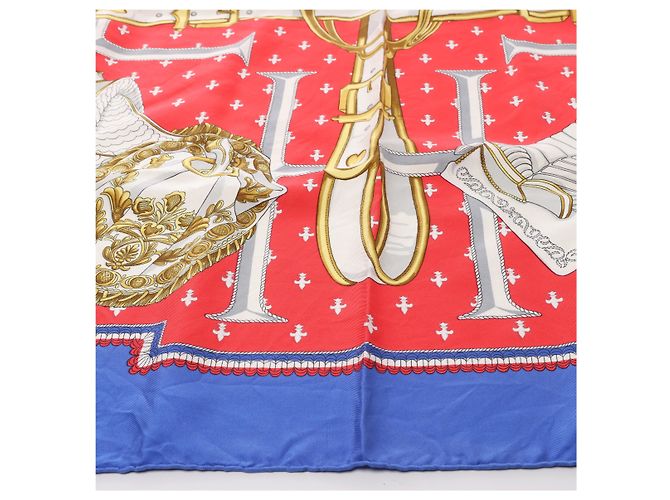 Hermès Carré 90 "SELLES A HOUSSE" Foulard in seta Blu x Rosso - vista 5