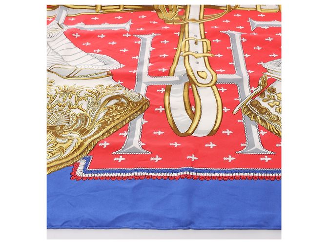 Hermès Carré 90 "SELLES A HOUSSE" Foulard in seta Blu x Rosso - vista 6