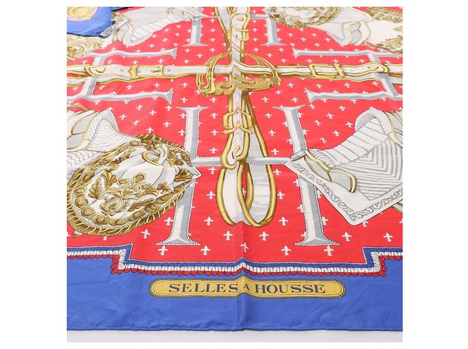 Hermès Carré 90 "SELLES A HOUSSE" Foulard in seta Blu x Rosso - vista 7