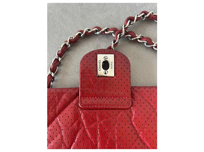 Borsa a patta Chanel in pelle traforata rossa - vista 15