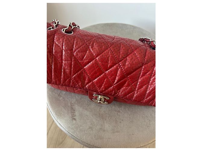 Borsa a patta Chanel in pelle traforata rossa - vista 7