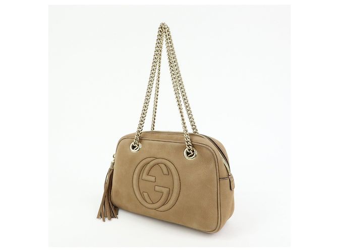 GUCCI SOHO Borsa a tracolla in pelle con catena Interlocking G Biege 308983 - vista 3