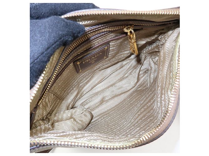 Borsa a tracolla e a spalla PRADA in tela jacquard e pelle Beige Brown - vista 17