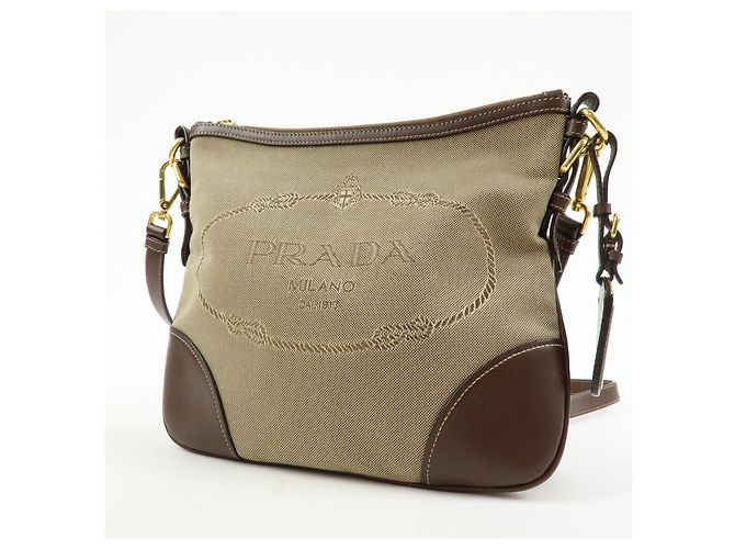 Borsa a tracolla e a spalla PRADA in tela jacquard e pelle Beige Brown - vista 3