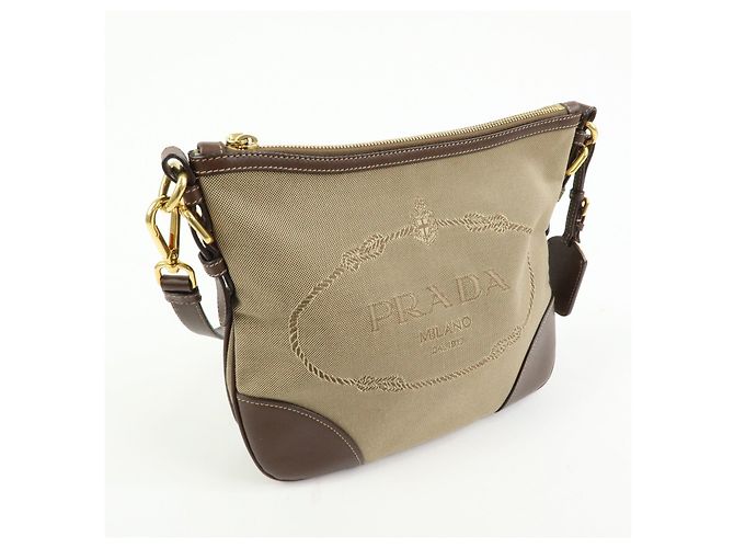 Borsa a tracolla e a spalla PRADA in tela jacquard e pelle Beige Brown - vista 4