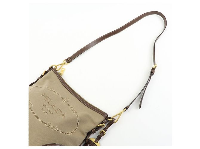 Borsa a tracolla e a spalla PRADA in tela jacquard e pelle Beige Brown - vista 6