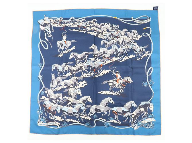 Hermès HERMES Carre Double Face 90 Seide 100% Tuch Les Mustangs Marble Navy - Ansicht 2