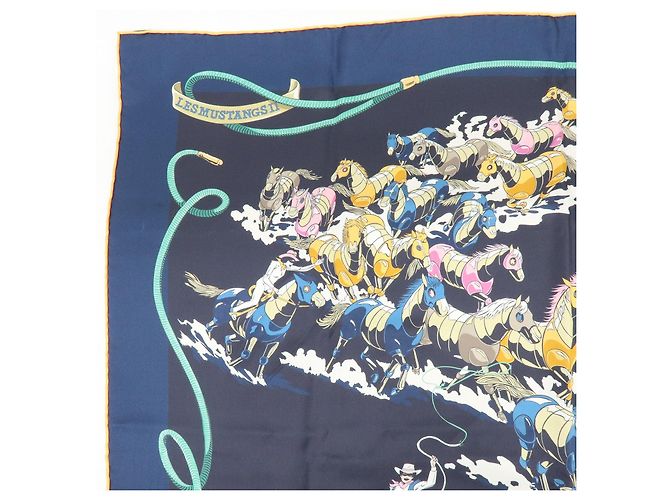 Hermès HERMES Carre Double Face 90 Seide 100% Tuch Les Mustangs Marble Navy - Ansicht 3