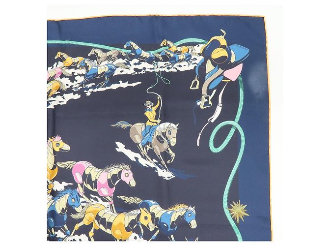 Hermès HERMES Carre Double Face 90 Seide 100% Tuch Les Mustangs Marble Navy - Ansicht 4